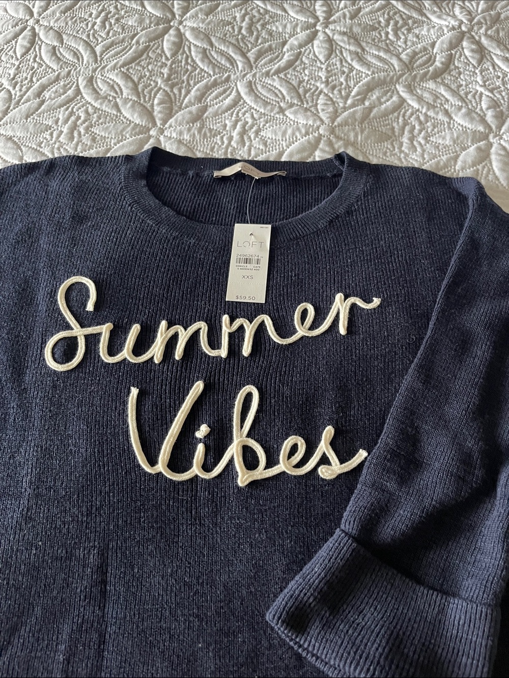 LOFT Navy Crewneck Sweater with Cream 'Summer Vibes' Script